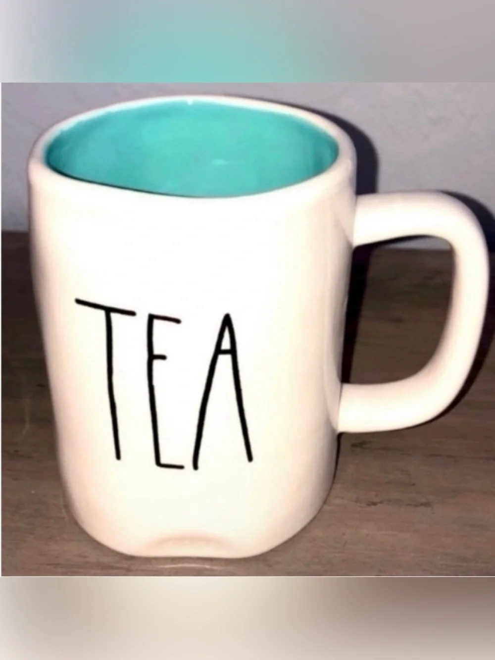 RAE DUNN ‘TEA’ Large White Mug with Aqua Blue Inside RARE
